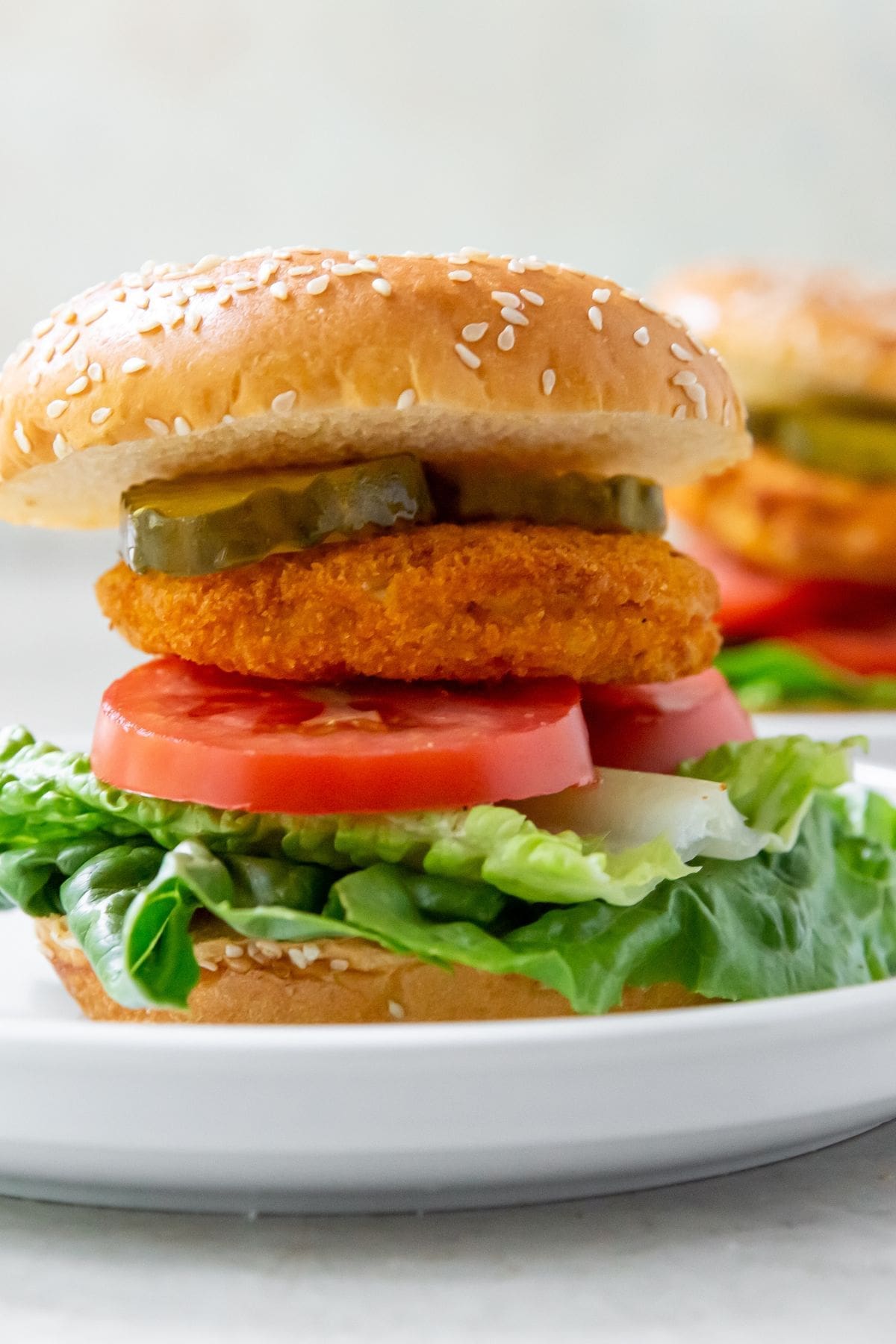 White plate with Hamburger bun that has tomato lettuce chicken Pattie and pickles 