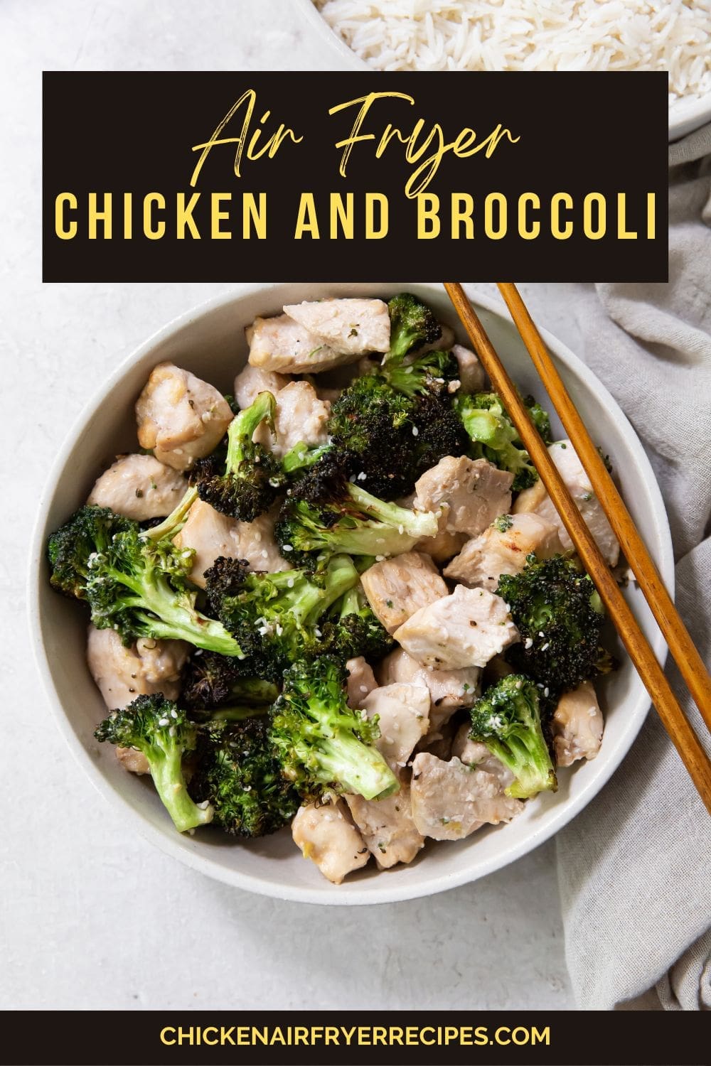 chicken and broccoli in a white bowl with chop sticks - a pinterest image