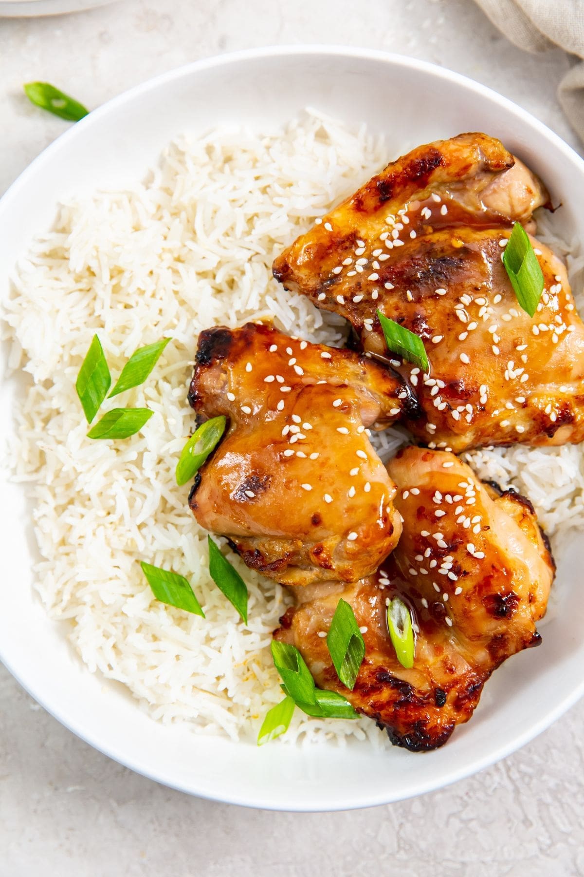 white bowl with rice and chicken inside. green onion sprinkled on top.