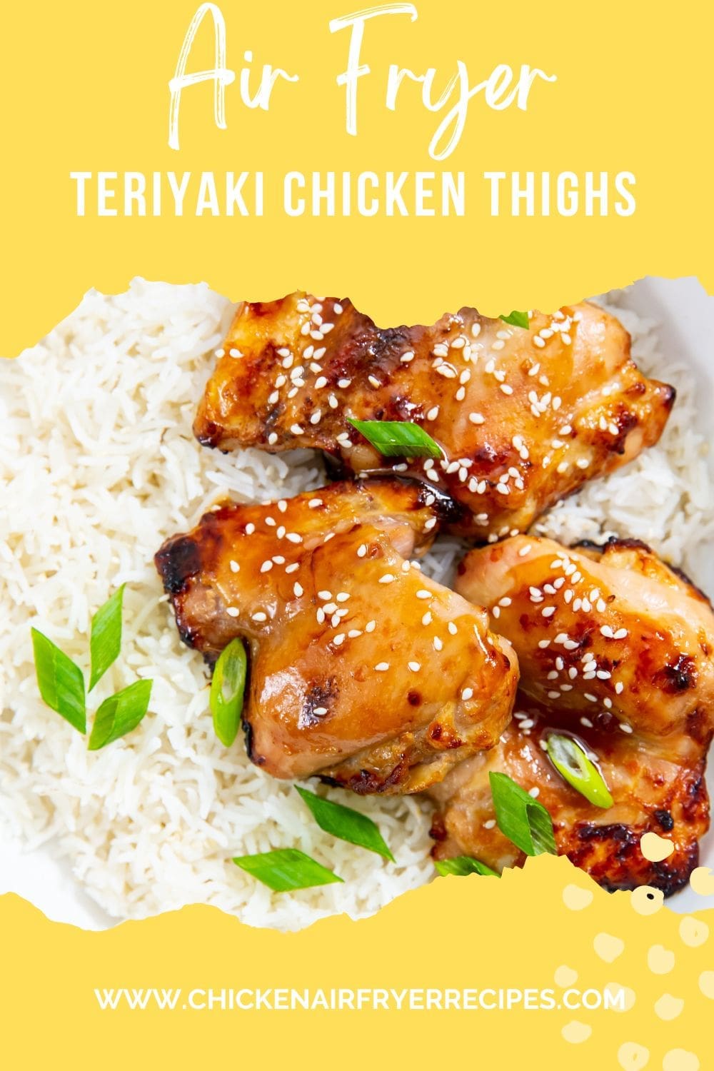 white bowls with rice and chicken thighs inside. Green onions on top. Gray towel in the back. sesame seeds and green onion in a brown bowl
