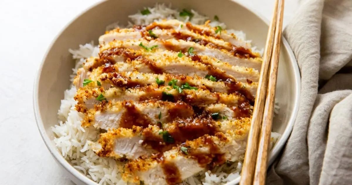 Tasty Chicken Air Fryer Recipes Close Up of a Bowl of Air Fryer Chicken Katsu