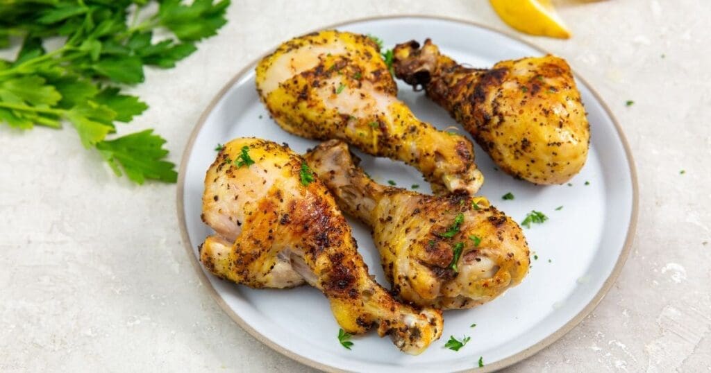 10 Air Fryer Chicken Recipes Lemon Pepper Chicken Legs on a White Plate