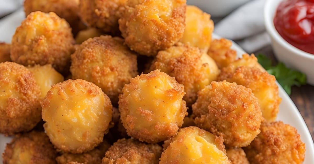 Air Fryer Restaurant Recipes Close Up of Cheesecake Factory Fried Mac and Cheese Balls on a Plate