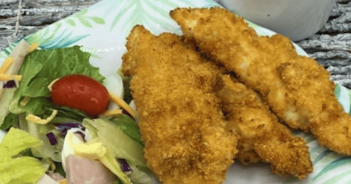Air Fryer Restaurant Recipes Close Up of Bojangles Chicken Tenders on a Plate with a Salad