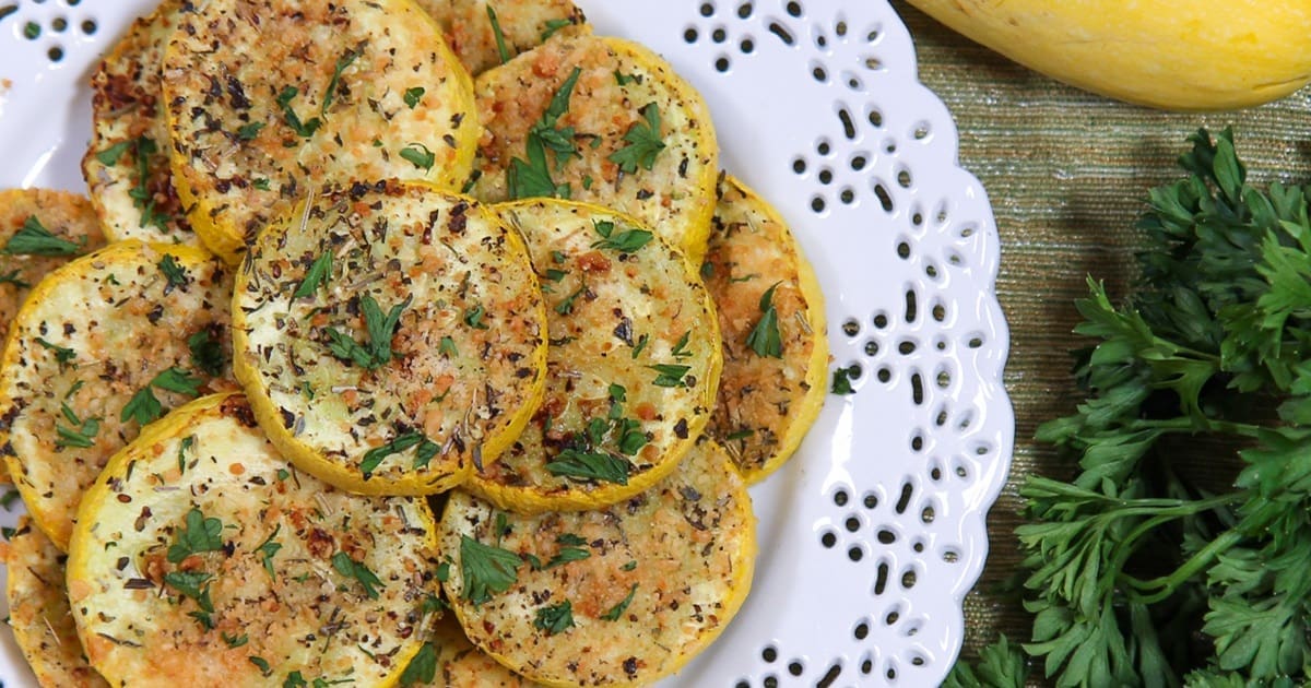 Summer Squash Air Fryer Recipes Close Up of Fried Yellow Squash Slices on a Plate