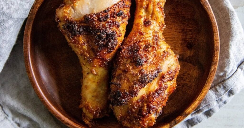 Chicken Legs in Air Fryer Recipes Close Up of Two Brown Sugar Chicken Legs in Air Fryer on a Plate
