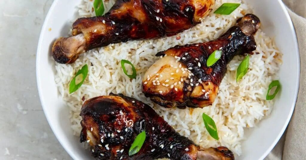 Chicken Legs in Air Fryer Recipes Crispy Air Fryer Teriyaki Chicken Legs on Rice in a Bowl