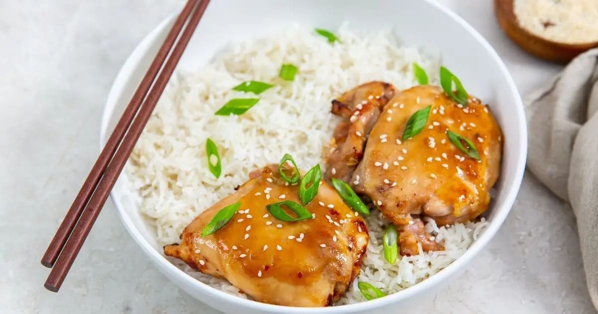 Gluten Free Air Fryer Chicken Recipes Easy Air Fryer Teriyaki Chicken Thighs on Rice in a Bowl