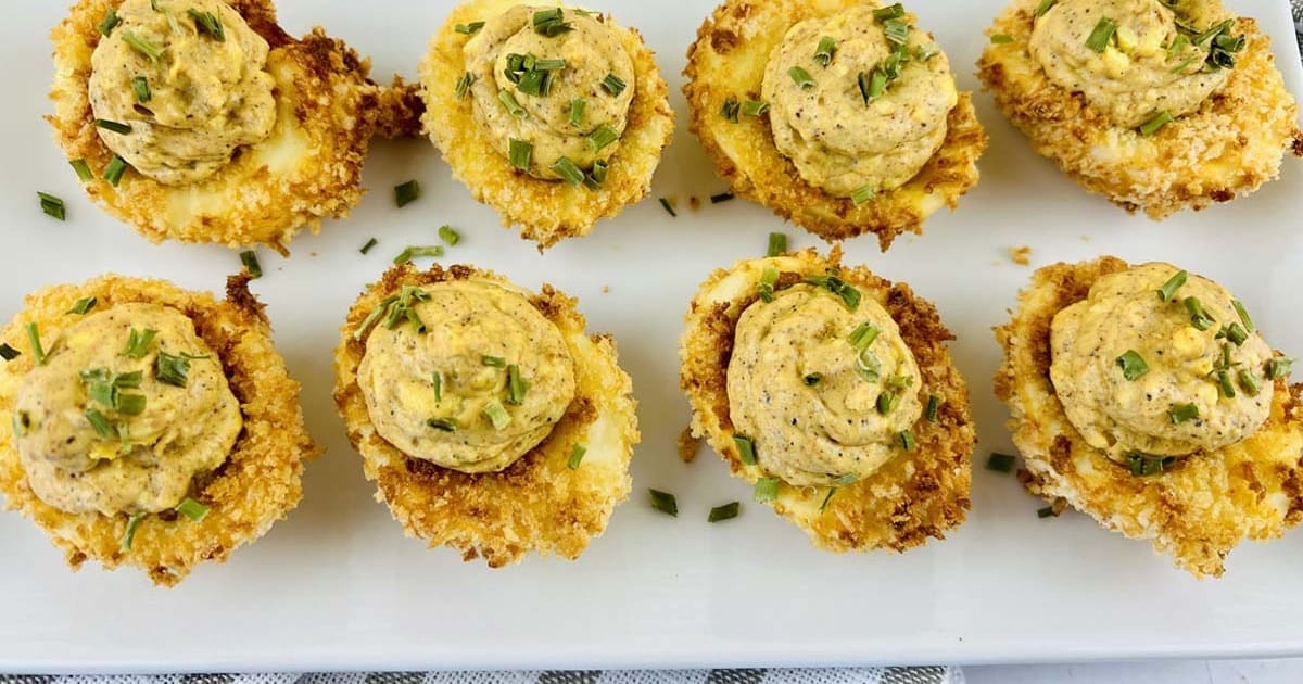 Ultimate Super Bowl Air Fryer Recipe Guide Fried Deviled Eggs on a Platter